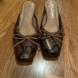 Matisse Tan Snake Print Mules with Bow Detail